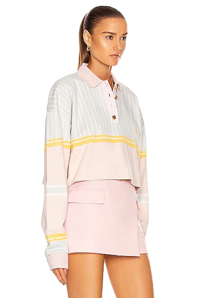 Shop Balmain Cropped Long Sleeve Logo Polo Shirt In Pastel Multi