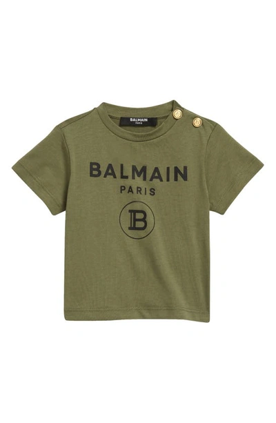 Shop Balmain Snap Shoulder Logo Graphic Tee In 714 Khaki Green