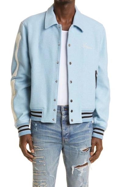 Shop Amiri Bones Wool Blend Varsity Jacket In Ice Blue