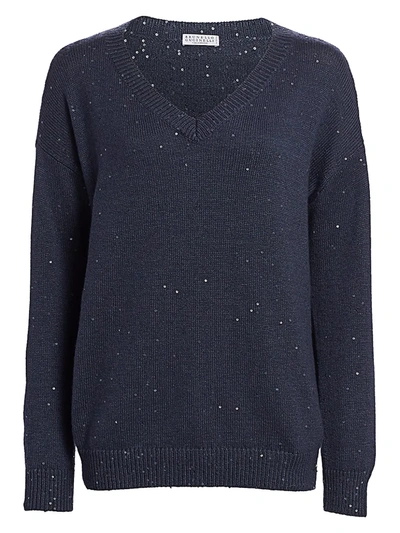 Shop Brunello Cucinelli Cashmere & Silk Paillette V-neck Sweater In Midnight