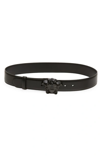 Shop Versace Medusa Head Leather Belt In Black-black- Gold