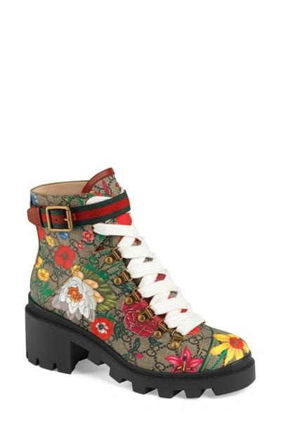Shop Gucci Trip Gg Floral Gg Supreme Combat Boot In Multi Color Fabric