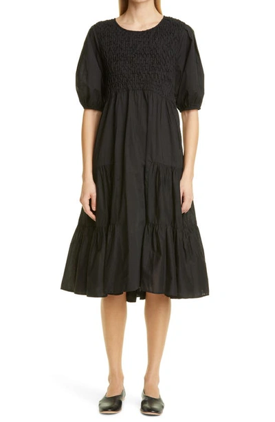 Shop Merlette Vallarta Smocked Cotton Tiered Dress In Black