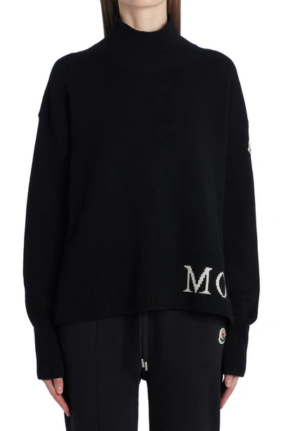 Shop Moncler Logo Oversize Virgin Wool & Cashmere Sweater In Black