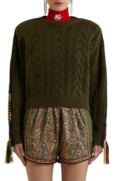 Shop Etro Tassel Trim Cable Knit Sweater In Green