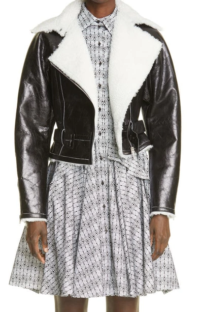 Shop Alaïa Sheepskin Leather & Genuine Shearling Bomber Jacket In Noir/ Blanc