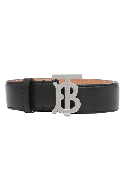 Shop Burberry Tb Monogram Buckle Leather Belt In Black