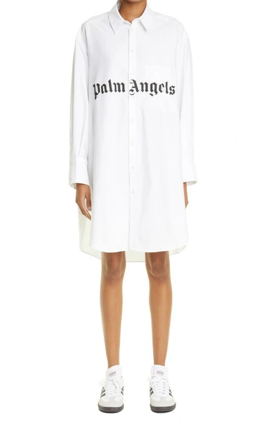 Shop Palm Angels Logo Oversize Long Sleeve Shirtdress In Optical White Black