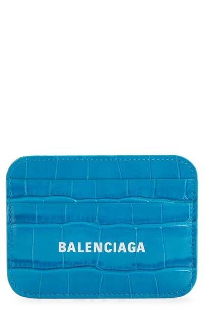 Shop Balenciaga Cash Logo Croc Embossed Leather Card Case In Turquoise/ L White