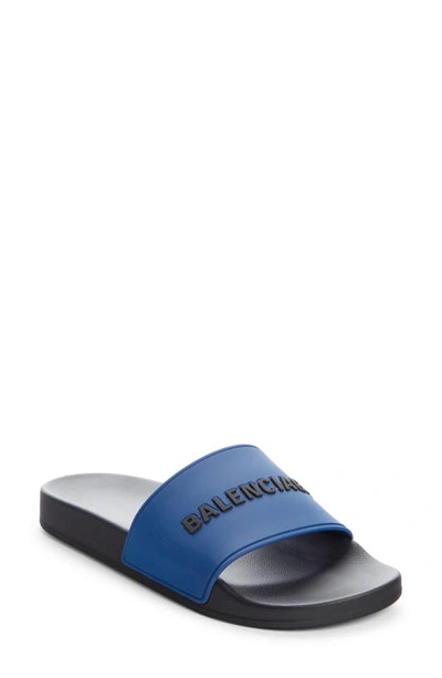 Shop Balenciaga Logo Slide Sandal In Blue/ Black/ Black