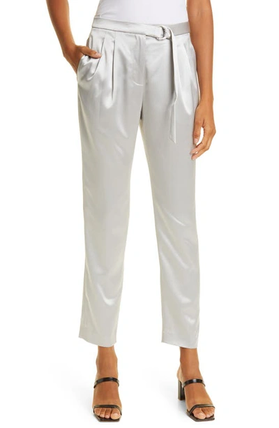 Shop Milly Tatum Belted Hammered Satin Ankle Pants In Silver