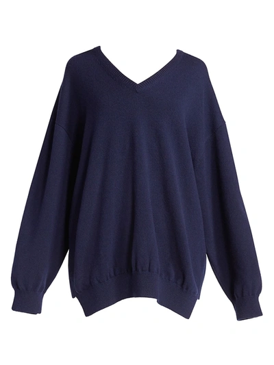 Shop Balenciaga Logo Script Cashmere V-neck Sweater In Navy
