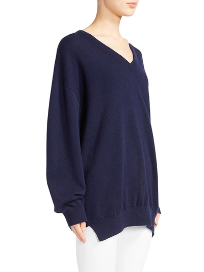 Shop Balenciaga Logo Script Cashmere V-neck Sweater In Navy