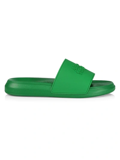 Shop Alexander Mcqueen Logo-embossed Pool Slides In Chrome Green