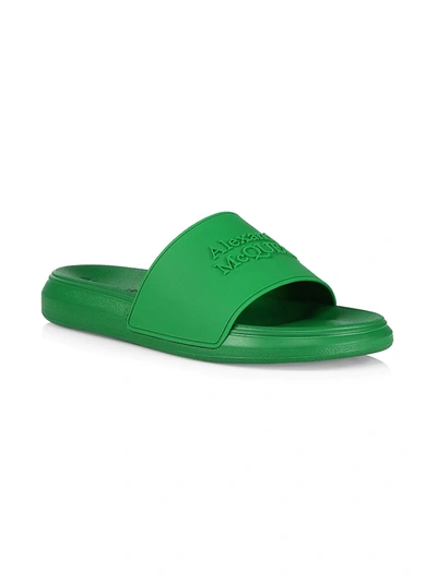 Shop Alexander Mcqueen Logo-embossed Pool Slides In Chrome Green