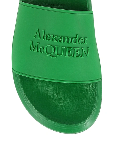 Shop Alexander Mcqueen Logo-embossed Pool Slides In Chrome Green