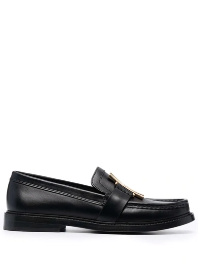 Shop Moschino M Logo-plaque Almond-toe Loafers In 黑色