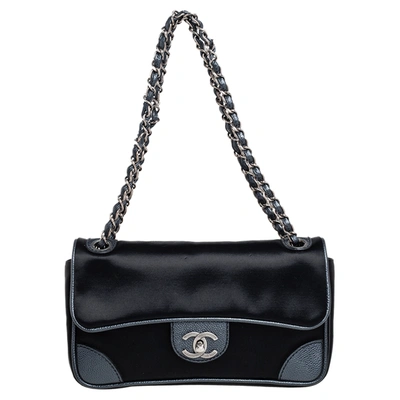 Pre-owned Chanel Black Satin And Caviar Leather East West Flap Bag