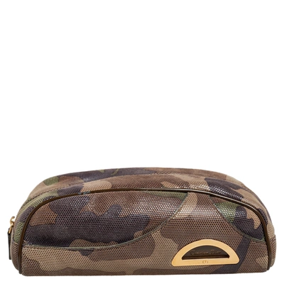 Pre-owned Dior Green Camouflage Print Shimmer Leather Zip Pouch