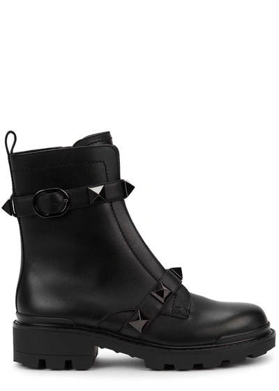 Shop Valentino Garavani Roman Stud Black Leather Ankle Boots