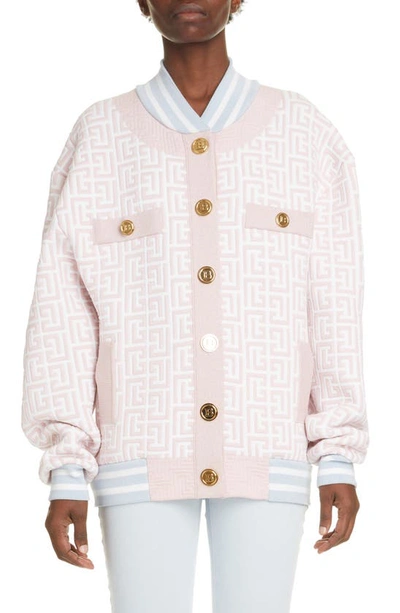 Shop Balmain Metallic Monogram Jacquard Bomber Jacket In White/ Pink
