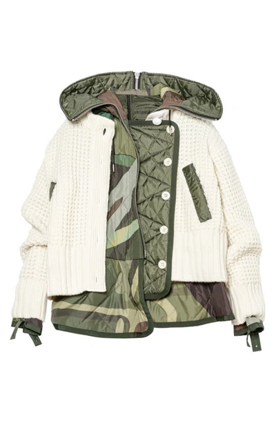 Shop Sacai X Kaws Mixed Media Hooded Jacket In Camouflage