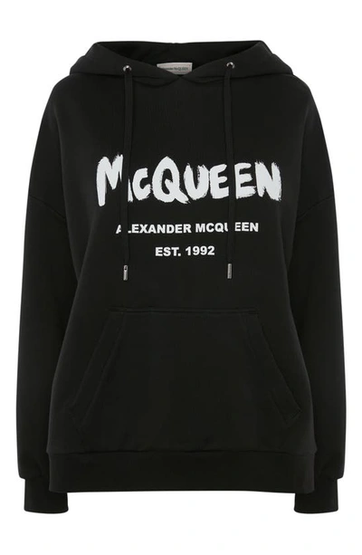 Shop Alexander Mcqueen Graffiti Logo Cotton Hoodie In Black/ White