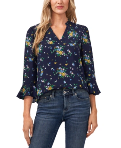 Shop Cece Printed Bouquet Delight Ruffled Blouse In Classic Navy