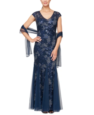 Shop Alex Evenings Embellished-lace Embroidered Illusion Gown & Shawl In Navy