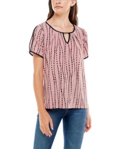 Shop Adrienne Vittadini Women's Split Sleeve Top With Keyhole And Contrast Binding In Wavy Dot Lines Lilas