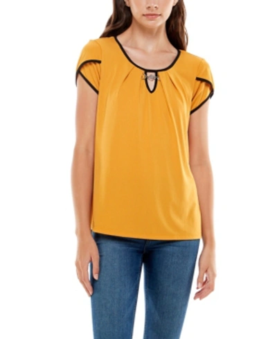 Shop Adrienne Vittadini Women's Tulip Sleeve Top With Contrast Binding In Golden Tone Glow