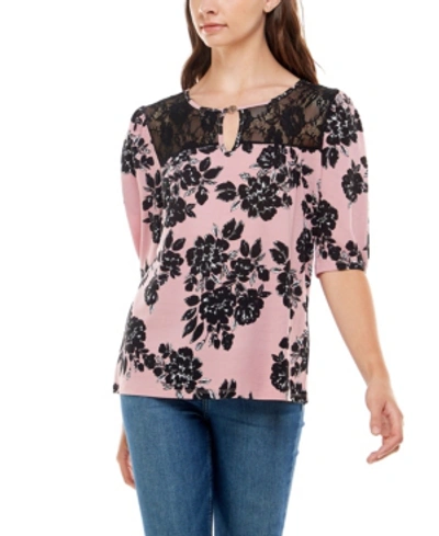 Shop Adrienne Vittadini Women's Elbow Puff Sleeve Peasant Top With Lace Yoke In Bouquet Floral Lilas