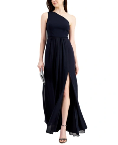 Shop Adrianna Papell One-shoulder Chiffon Gown In Midnight