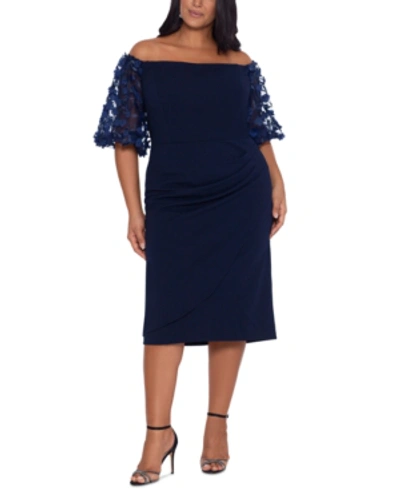 Shop Xscape Plus Size Off-the-shoulder Dress With Floral Sleeves In Navy Blue