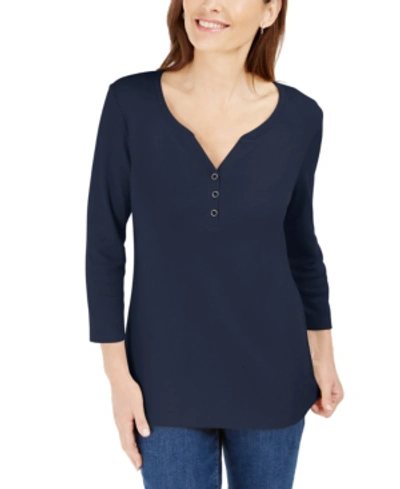 Shop Karen Scott Plus Size 3/4-sleeve Henley Top, Created For Macy's In Intrepid Blue