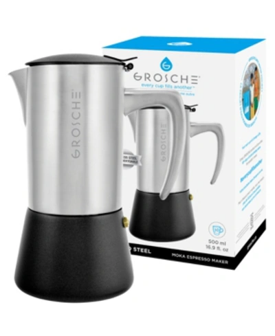 Grosche Milano Steel Stainless Steel Stovetop Espresso Maker Moka Pot 10 Espresso Cup Size 16.9 oz In Brushed