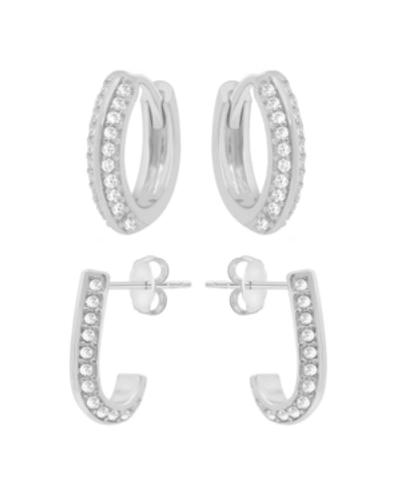Shop Essentials Cubic Zirconia Huggie Hoop And J Hoop Duo Set, Gold Plate And Silver Plate In Silver-tone