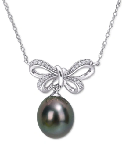 Shop Macy's Black Cultured Tahitian Pearl (9-1/2-10mm) & Diamond (1/10 Ct. T.w.) Bow 17" Pendant Necklace In 10k