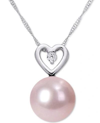 Shop Macy's Pink Cultured Freshwater Pearl (9-1/2mm) & Diamond (1/20 Ct. T.w.) Heart 17" Pendant Necklace In 10k