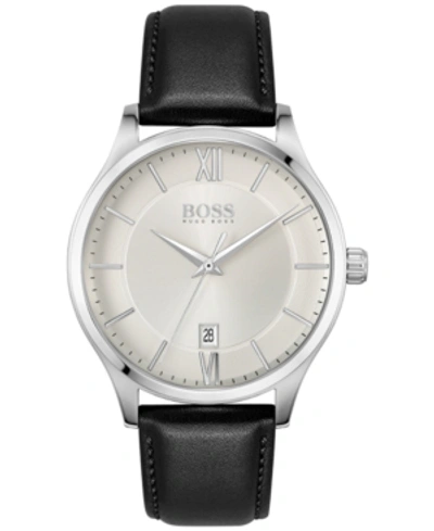 Shop Hugo Boss Men's Elite Black Leather Strap Watch 41mm In Silver