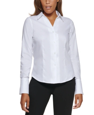 Shop Calvin Klein Petite Cotton Collared Button-down Blouse In White