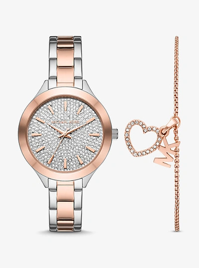 Shop Michael Kors Pavé Two-tone Watch And Heart Bracelet Set In Silver