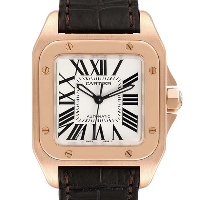 Shop Cartier Santos 100 Midsize Rose Gold Silver Dial Mens Watch W20108y1 In Not Applicable