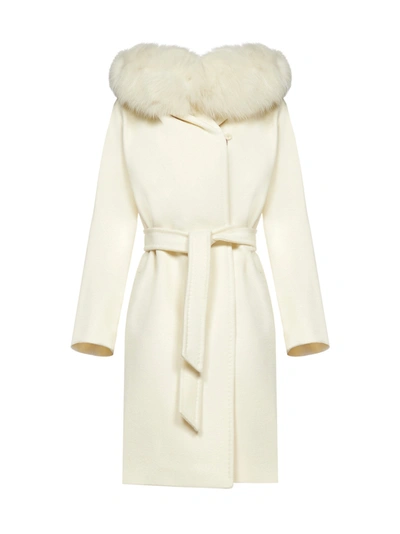 Shop Max Mara Studio Mango Fur Trimmed Hooded Coat In White