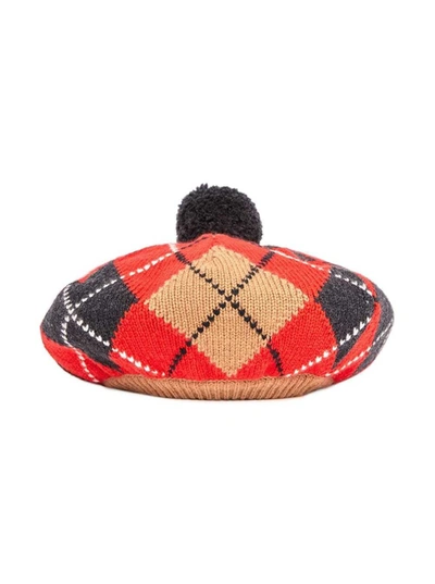 Shop Burberry Kids Argyle Intarsia Beret In Multi