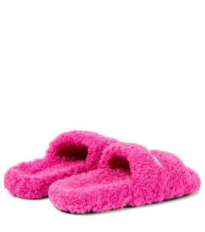 Shop Balenciaga Furry Faux Shearling Slides In Pink/white/blu