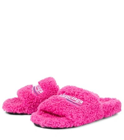 Shop Balenciaga Furry Faux Shearling Slides In Pink/white/blu