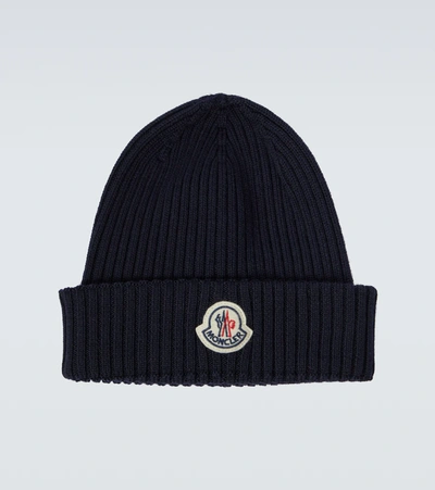 Shop Moncler Wool Ribbed Beanie In Blue