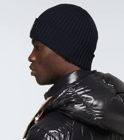 Shop Moncler Wool Ribbed Beanie In Blue