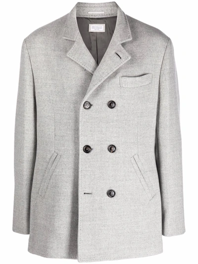Shop Brunello Cucinelli Double-breasted Cotton-wool Coat In 灰色